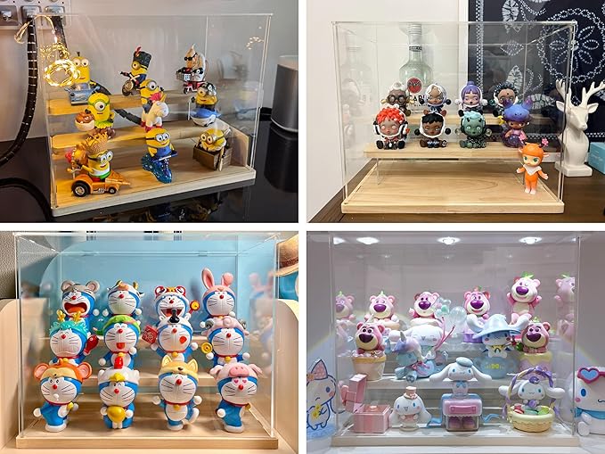 Choowin 3 Tier Clear Acrylic Display Case for Collectibles, Mini Figures, Pop Mart, Labubu, Sonny Angel, Smiski - Assemble Dustproof Acrylic Display Box with Door, Stand (Wood Base Step)