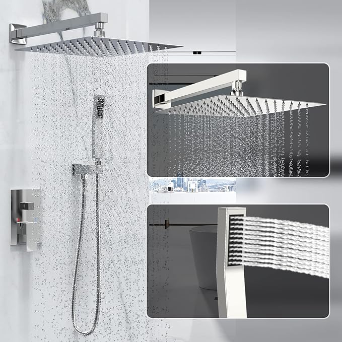 Shower System Wall Mounted 10 inch for Bathroom,Rain Shower Combo Set with Handheld Spray,Luxury Rainfall Shower Head Rough-in Valve and Trim Included(Chrome Polished)