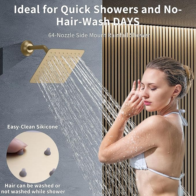 Bathroom Rainfall Shower System Wall Mount 8 Inch Shower Head With Handled Spray 6 Pcs jets Temperature Display Shower Faucet Set (Brushed Gold)