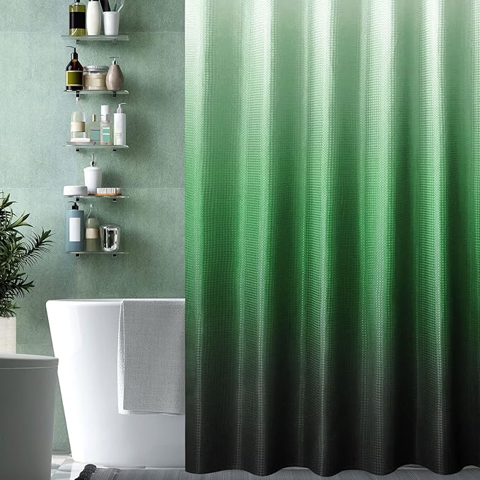 Gibelle Emerald Green Shower Curtain, Ombre Shower Curtains for Bathroom, Waffle Weave Textured Fabric Shower Curtain Set with Hooks, Water Repellent and Machine Washable, 72 x 72