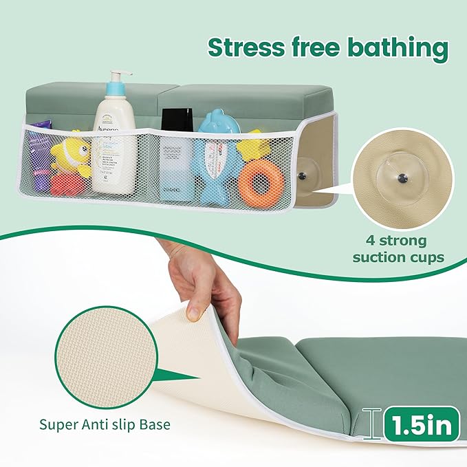 Comfortable Baby Bath Kneeler and Elbow Rest Pad Set, Thick Memory Foam Bath Kneeling Pad with Elbow Support, Baby Bathtub Cushion with Toy Organizer, Non-Slip for Infant or Toddler Bathing
