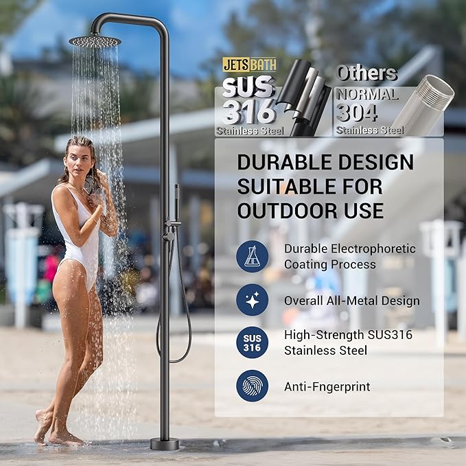 Freestanding Outdoor Shower Faucet Set, 316 Marine Grade Stainless Steel Outside Shower System for Backyard/Garden/Poolside/Beach,Outside Shower Faucet with Rain Shower Head & Handheld,Matte Black