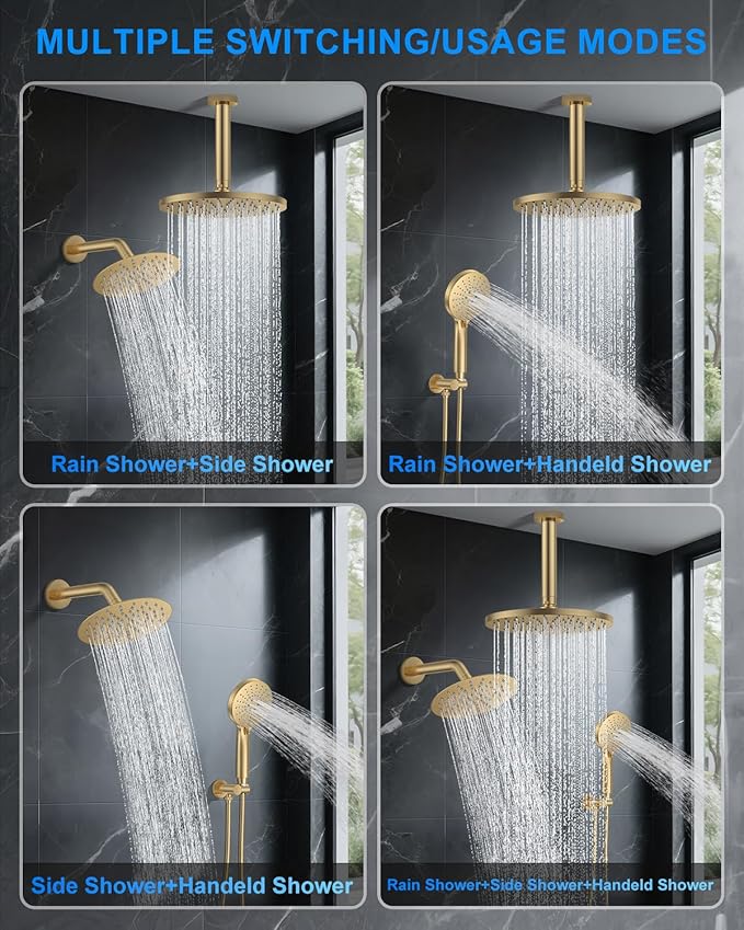 Shower System with Pressure Balance Valve, 10" Ceiling Mount Shower Faucet Set with 2 Rain Shower Head And Multi-function Handheld Head Push Button Diverter Pressure Balancing Valve Kit, Brushed Gold