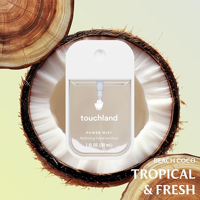 Touchland Hydrating Hand Sanitizer Spray, DYE FREE Trio Set (Rainwater, Unscented, Beach Coco), 1 FL. OZ. Travel Size Power Mist Sprays (Set of 3)