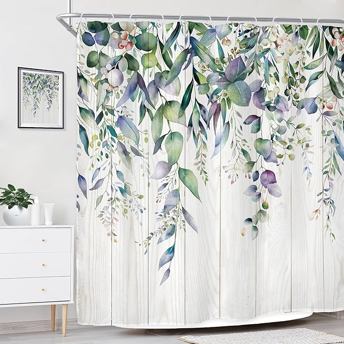 Riyidecor Teal Shower Curtain for Bathroom Decor 72Wx72H Eucalyptus Leaves Plants Watercolor Floral Wooden Board Rustic Botanical Farm Art Printed Fabric Polyester Waterproof 12 Pack Plastic Hooks