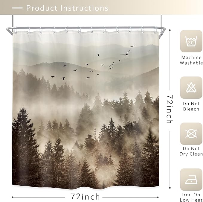 Riyidecor Foggy Mountain Shower Curtain 72Wx72H Inch Nature Abstract Scenery Pine Tree Rustic Misty Woodland Alpine Modern Landscape Natural Bathroom Decor Fabric Polyester Waterproof 12 Pack Hooks