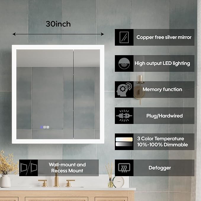 WELLFOR 30 x 32 Inch LED Medicine Cabinet with Lights, 3X Magnification Makeup Mirror, Bathroom Vanity Mirror Cabinet with Storage, Anti Fog, Surface or Recess Mount, Double Opening Door
