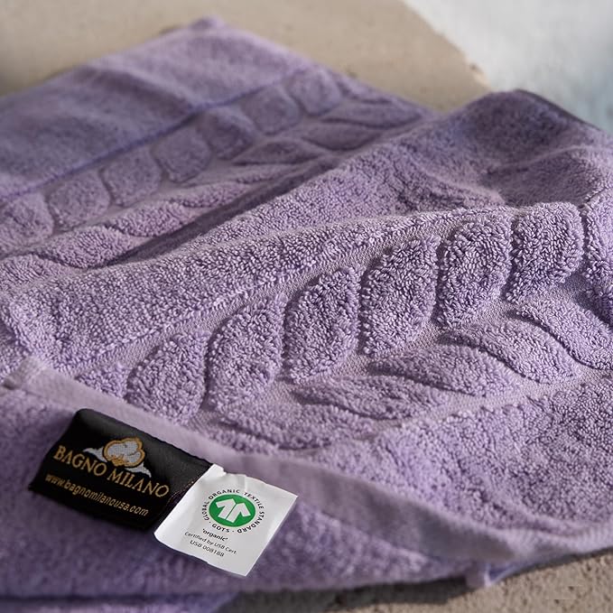 BAGNO MILANO Organic Turkish Cotton Bath Towels, Luxury Jacquard Collection, Certified Organic Highly Absorbent, Soft-Plush Towel Set (Lilac, 4 Pcs Hand Towel Set)