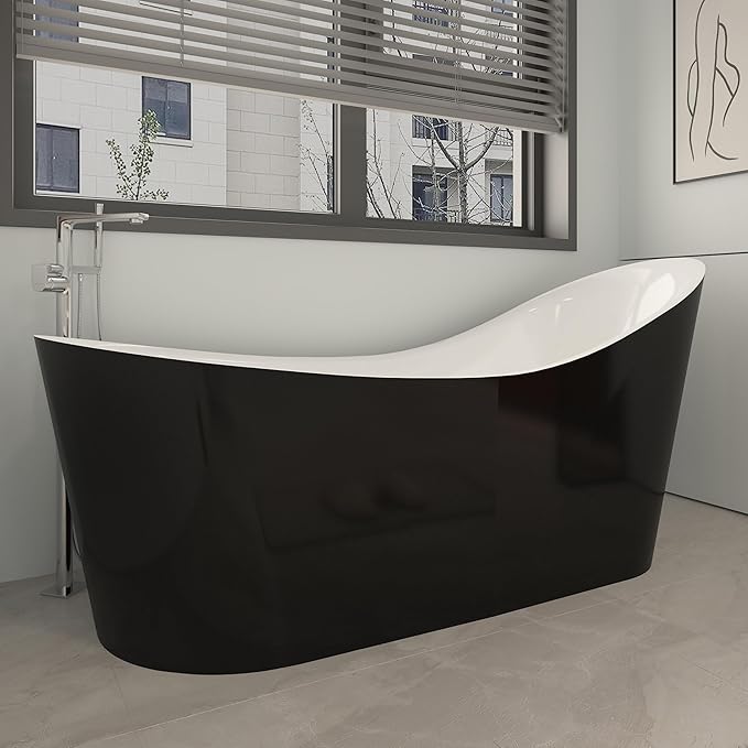 55" Black Modern Free Standing Soaking Slipper Bathtub, WHALEKING Luxury Stand Alone Deep Acrylic Hot Tub with Chrome Overflow & Drain,