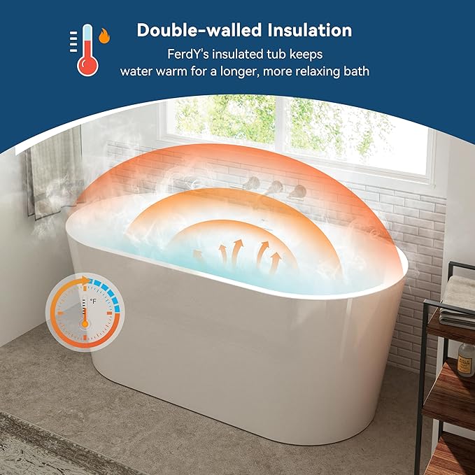 FerdY Shangri-La 55" Acrylic Freestanding Bathtub, Ergonomic Lightweight Classic Oval Soaking Bathtub with Polished Gold Drain, Minimalist Linear Design Overflow, Modern White