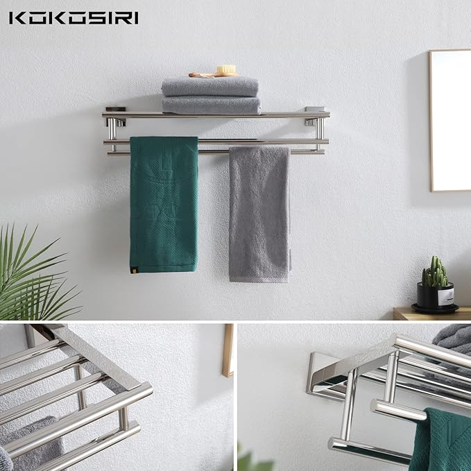 KOKOSIRI Bath Towel Rail Bathroom Towel Rack Towel Holder 24 Inch Towel Shelf with Double Towel Bars Wall Mounted SUS 304 Stainless Steel, Polished Chrome, B6005CH-L24