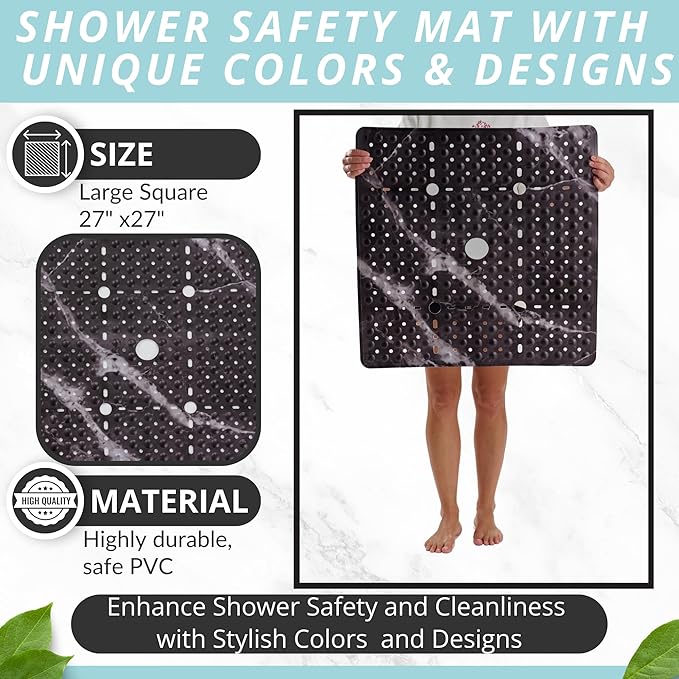 ENKOSI Square Shower Mat 27x27 inch - Anti Slip Shower Stall Floor Mat - Non Slip Shower Mats with Strong Secure Suction Cups and Drain Holes in Middle (27x27 Marble Black)