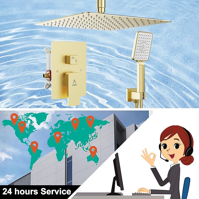 Shower System 12IN Modern Rain Brass Faucet Set With Valve and Diverter Shower Mixer With Handheld High Pressure Square Rainfall Shower Valve (12'' Ceiling Mount, Brushed Gold)