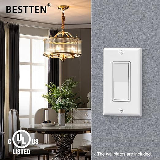 BESTTEN 10 Pack 3-Way Decorator Wall Light Switch with Wallplate, 15A 120V/277V, Single Pole or Three Way, On/Off Paddle Rocker Interrupter, UL Listed, White