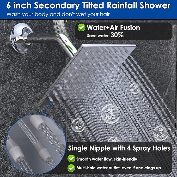 ENGA Shower System with Tub Spout, Bathtub Shower Faucet Combo Set - 10" & 6" Square Rain Shower Heads with 2 in 1 Handheld Spray, 4 Way Water Diverter, Chrome
