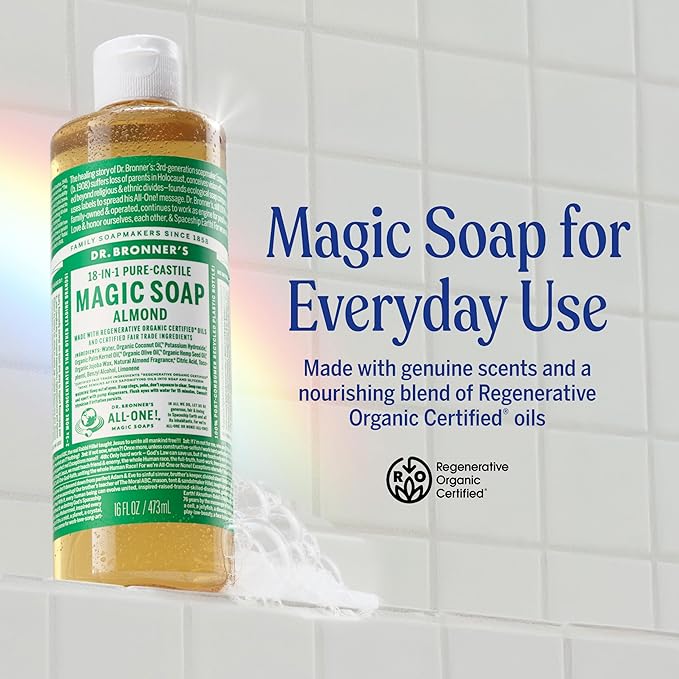 Dr. Bronner's Pure-Castile Magic Liquid Soap (Almond, 16 Ounce, 2-Pack)- Made with Regenerative Organic Certified Oils, 18-in1 Uses: Face, Hair, Hand & Body Soap, Laundry, Pets- Concentrated, Vegan