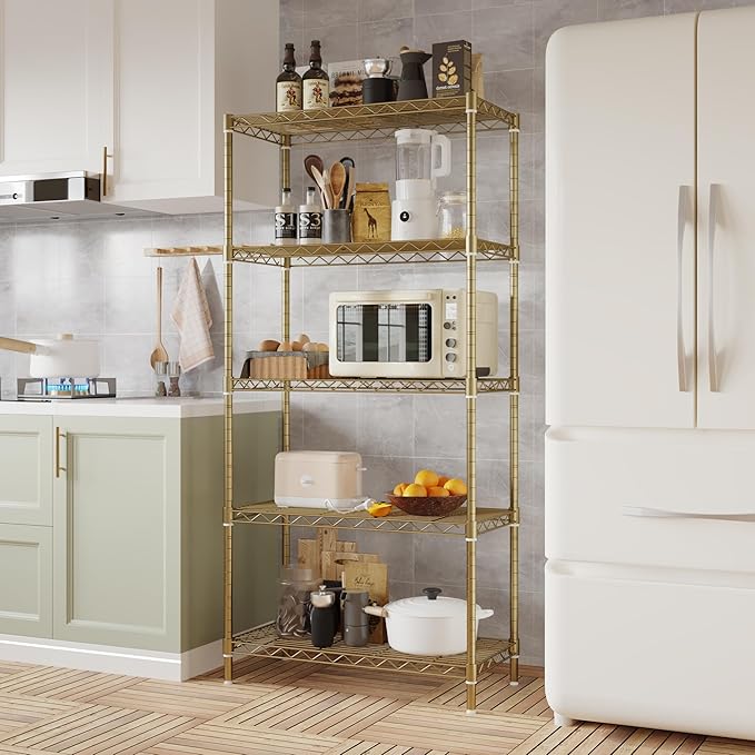 5 Tier Storage Racks Shelving, Heavy Steel Pantry Shelves, Adjustable Wire Shelving Rack, Suitable for Garage, Kitchen, Bathroom, Office, 29" W x 13.4" D x 59" H, Golden
