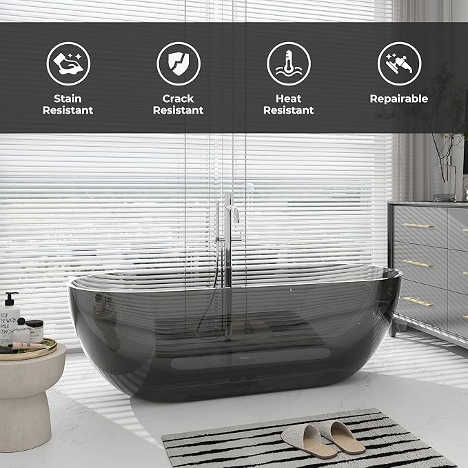 SJ STAR&JANE 69" Solid Surface Freestanding Bathtub Stone Resin Oval Soaking Tub Stand Alone Tub with Pop-up Drain Transparent Gray