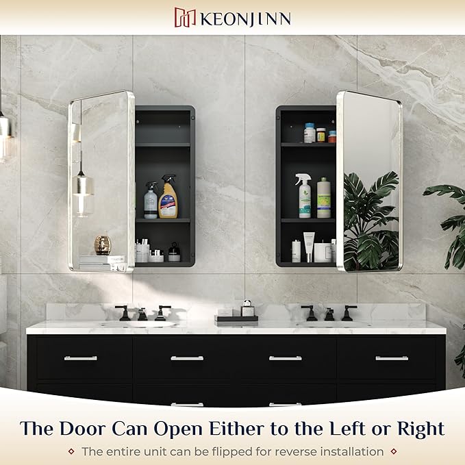 Keonjinn 20 x 26 Inch Brushed Nickel Recessed Medicine Cabinets, Bathroom Mirrored Medicine Cabinet, Brushed Nickel Stainless Steel Framed, Adjustable Shelves, In Wall or Surface Mount, Sturdy, Modern