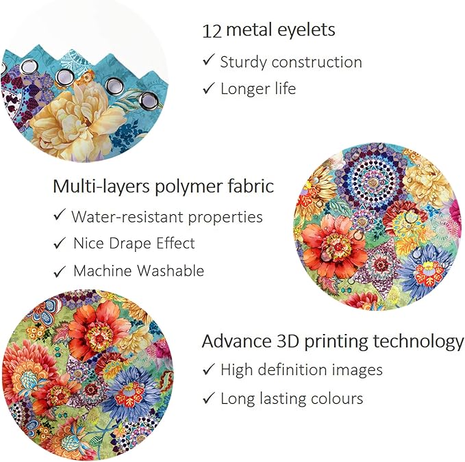 Bohemian Shower Curtain, Boho Floral Print Water Repellent Polyester Fabric for Bathroom Decor, 72×72 Inch Standard Size with 12 Hooks, Also as Room Divider
