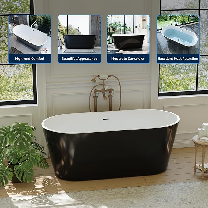67'' Acrylic Freestanding Bathtub, Extra-Deep Soaking Free Standing Tub for Luxurious Bathing Experience, with Chrome Drain, for Main Bathroom, Black & White