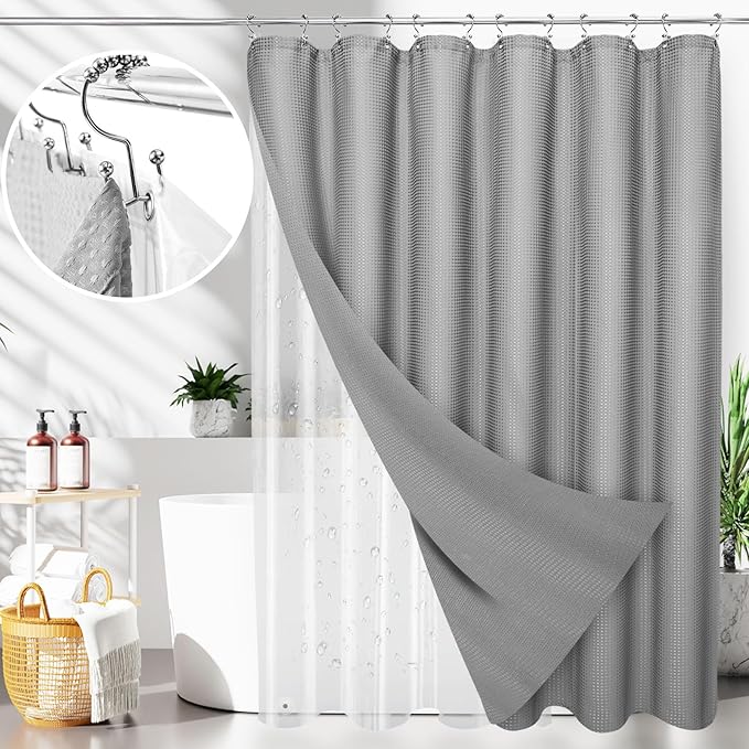LaCyan 3 in 1 Waterproof Waffle Weave Shower Curtain and Clear Liner Set with 12 Stainless Steel Hooks Double Sided for Bathroom 72 Inches Heavy Duty Polyester Fabric Shower Curtains 72x72