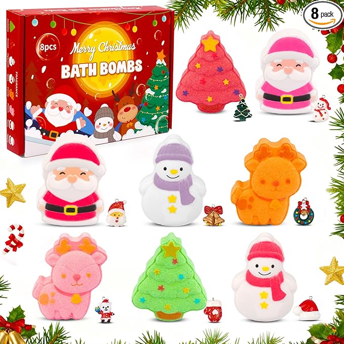 Christmas Bath Bombs for Kids, 6PCS Kids Bath Bombs with Surprise Santa, Elk, Snowman Tree Organic Essential Oil Bubble Bubble Bath Christmas Birthday Gift, Stocking Stuffers