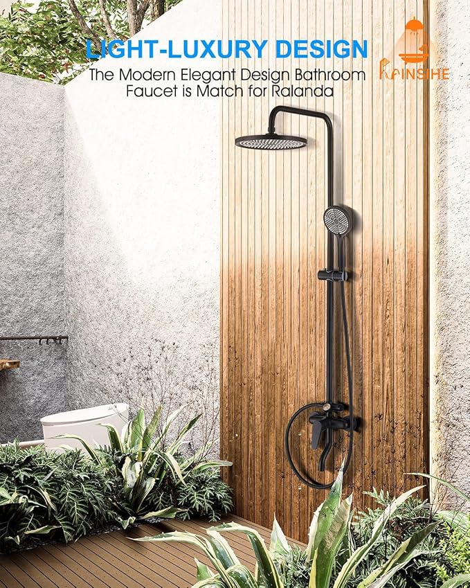 Outdoor Shower Fixture, Black Exposed Shower System with Tub Spout, Dial Thermometer Brass Valve, Wall Mount Outside Shower Faucet Combo with 10'' Rainfall Shower Head for Bath Backyard