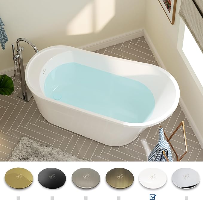 FerdY Langkawi 59" Acrylic Freestanding Bathtub, White Modern Stand Alone Soaking Bathtub, cUPC Certified, Polished White Drain and Minimalist Linear Design Overflow Included, Easy to Install, 02568T