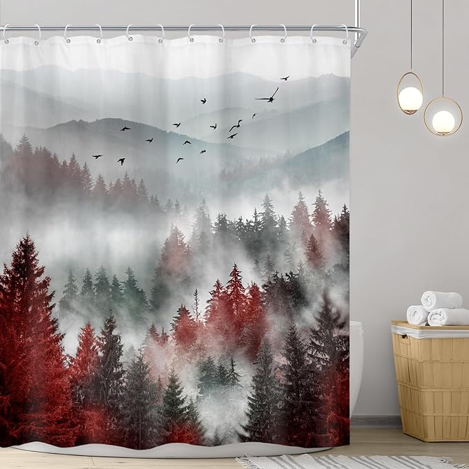 Riyidecor Red Black Mountain Shower Curtain 60Wx72H Inch Nature Woods Scenery Foggy Scenic Landscape Woodland Rustic Landscape Natural Bathroom Decor Fabric Polyester Waterproof 12 Pack Hooks