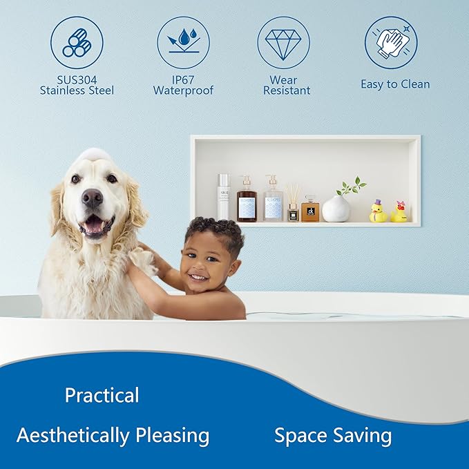 Neodrain 30X12Inch Shower Niche, White Stainless Niche NO Tile Needed Recessed Shower Shelf for Bathroom Storage