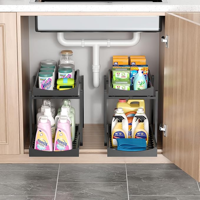 Bamboo Under Sink Organizer and Storage, 2 Pack Pull Out Cabinet Organization, 2 Tier Vertical Slide Out Undersink Storage Shelf, Multi-Purpose Organizer Shelves for Kitchen Bathroom Medicine, Black