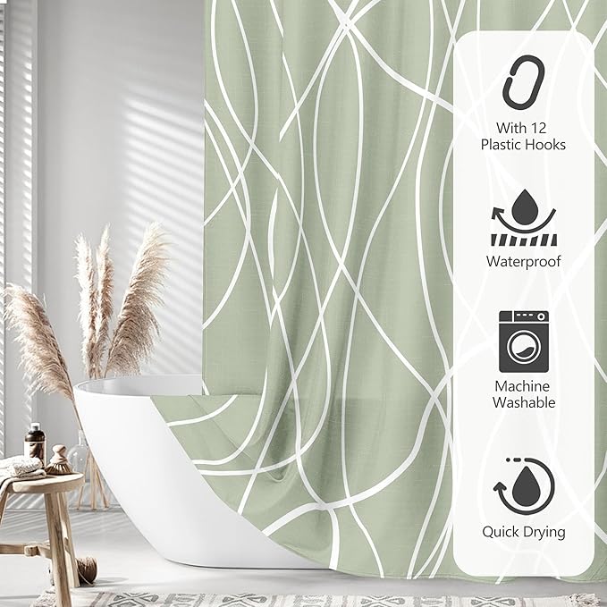 Tititex Morden 140gms Faux Linen Fabric Bath Shower Curtain Set Textured Fabric with Sage White Curve Pattern 72x72 Inch Water Resistant Bathroom Curtains, Weighted Hem & Hooks for Home/Hotel