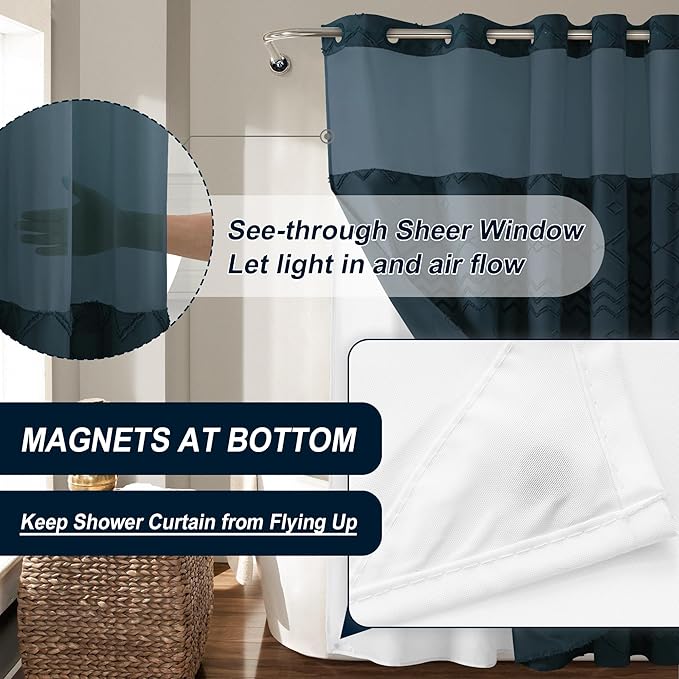 Extra Long No Hooks Shower Curtains, 98 Inches Long Boho Tufted Chevron Striped Fabric Shower Curtain for Bathroom with Snap in Liner, Navy Water Resistant Cloth Shower Curtain Set