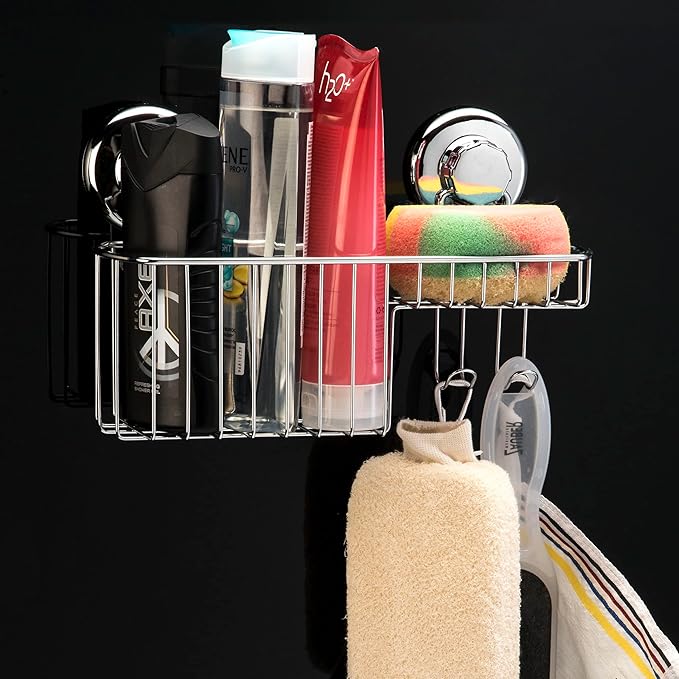 HASKO Shower Caddy Suction Cup, Shower Shelf with Soap Dish and Hooks Organizer, Suction Bathroom Shelf for Storage, Wall Mounted Basket, Silver