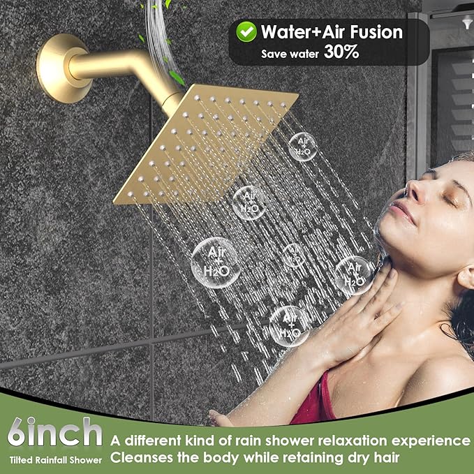 ENGA Dual Shower Head System with Tub Spout, Ceiling Mount 12 Inch Shower Head with 6 Inch Wall Mount Shower Head Shower Faucet Set, Brushed Gold