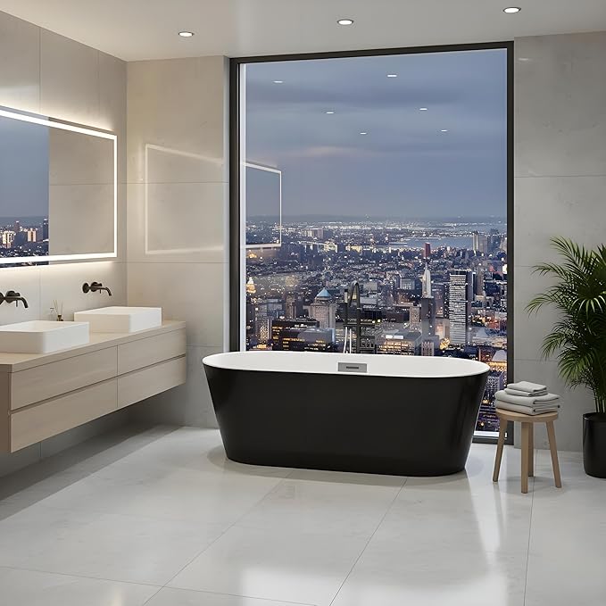 Freestanding Bathtubs 59 Inch Acrylic Freestanding Bathtub – Black Exterior White Interior Free Standing Tub with Chrome Drain & Overflow, Modern Oval Soaking Tub for Guest Bath