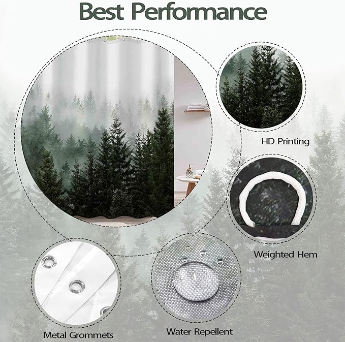 Aipon Green Misty Forest Shower Curtain Nature Tree Shower Curtain Set Dark Green Fabric Waterproof Shower Curtains for Bathroom Decor with 12 Hooks (72'' × 72'', Green4)