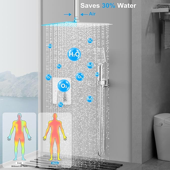 Rain Shower System 12IN Modern Brass Faucet Set With Valve and Diverter Shower Mixer With Handheld High Pressure Square Rainfall Shower Valve (12'' Ceiling Mount, Brushed Nickel)