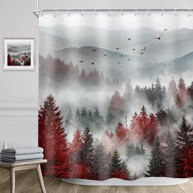 Riyidecor Red Black Mountain Shower Curtain 72Wx72H Inch Nature Scenery Foggy Pine Tree Scenic Woodland Cool Landscape Foggy Natural Mens Bathroom Decor Fabric Polyester Waterproof 12 Pack Hooks