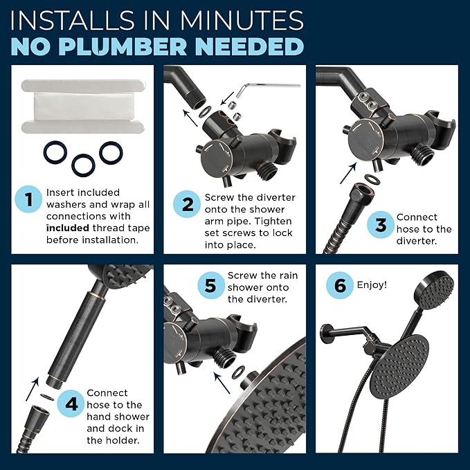 HammerHead Showers® Solid Metal Dual Shower Head Combo – OIL RUBBED BRONZE – 8 Inch Rainfall High Flow Shower Head & Handheld Shower Head High Pressure with Hose 6ft - Hotel-Like Double Shower Heads