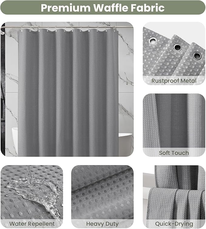 Inhousolu Fabric Shower Curtain Waffle Weave, 230 GSM Heavy Duty, Weighted Hem, 14 Metal Hooks, Water Repellent, Machine Washable, Hotel Spa Luxury Bath Curtain Set, 72 x 84 Inch, Grey