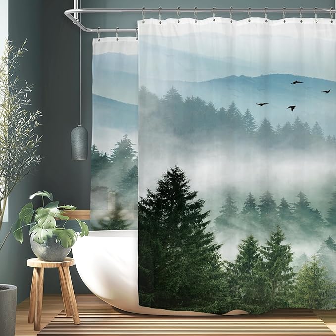 Riyidecor Extra Wide Green Mountain Shower Curtain 108Wx72H Inch Rustic Nature Scenery Foggy Pine Tree Landscape Woodland Natural Botanical Bathroom Decor Fabric Polyester Waterproof 18 Metal Hooks