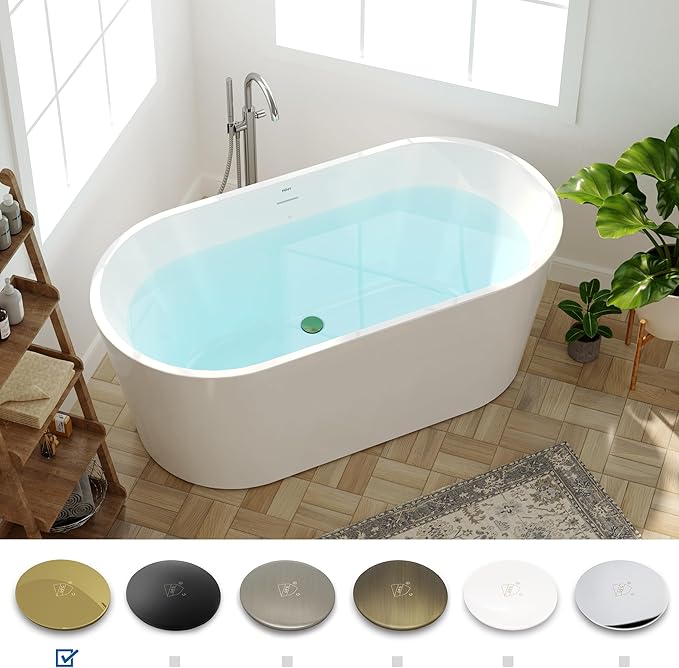 FerdY Shangri-La 59" Acrylic Freestanding Bathtub, Gracefully Shaped Soaking Bathtub, Glossy White, cUPC Certified, Polished Gold Drain & Minimalist Linear Design Overflow Included, 02522