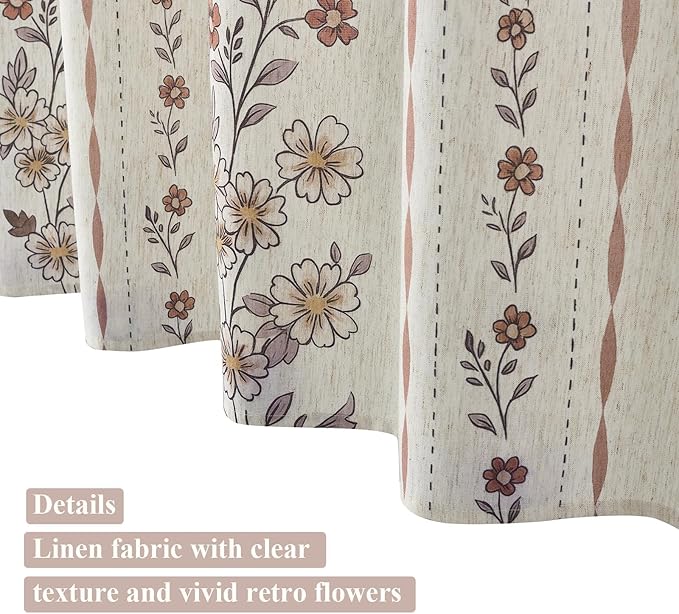 ORTIGIA Farmhouse Floral Shower Curtains for Bathroom Linen Boho Vintage Shower Curtain Set with Metal Hooks Waterproof Block Print Rustic Fabric Bath Curtain for Home, Weighted, 72x72