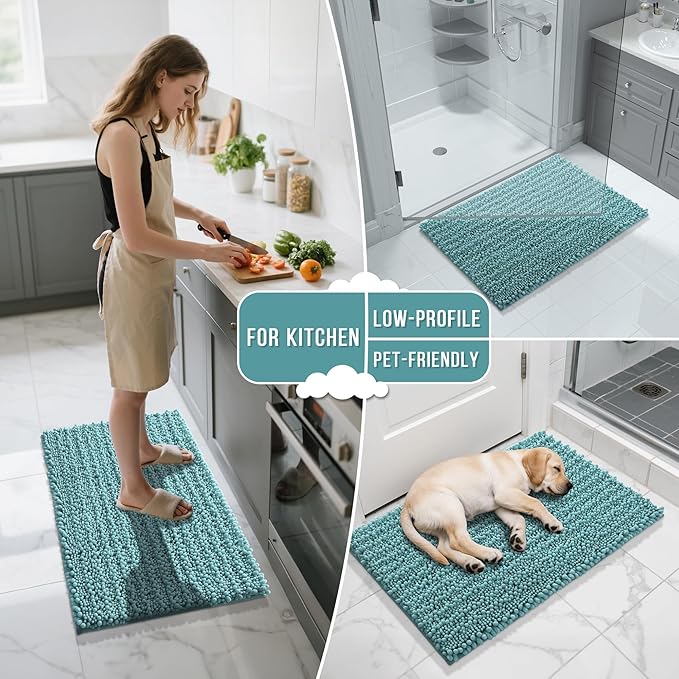 Yimobra Bathroom Rugs Non Slip Washable 32x20 Inch - Ultra Soft Absorbent Chenille Bath Mat, Quick Dry Shaggy Floor Carpet for Tub Shower, Teal Blue Home Decor Accessories