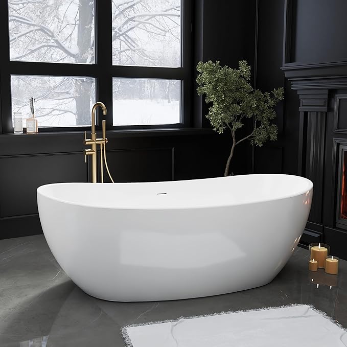 65" Acrylic Freestanding Bathtubs, Stand Alone Tub, Soaking Tubs for Bathroom, Integrated Overflow and Drain, cUPC Certified, Gloss White