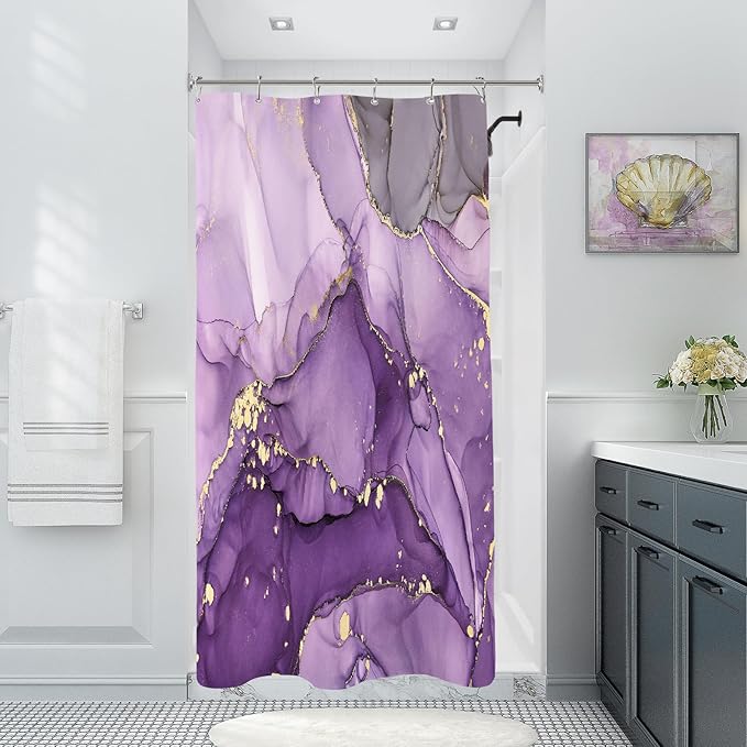 Small Stall Marble Shower Curtain 36 x 72 Inch, Half Narrow Abstract Modern Shower Curtains for Bathroom, Luxury Art Ink Texture Fabric Shower Curtain Set with Hooks, Purple