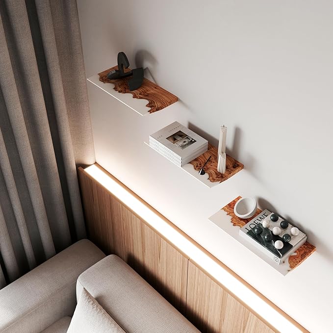 RWA Live Edge Floating Shelf – Unique Wood Floating Shelf for Wall Decor, Living Room, Bedroom, or Bathroom – Stylish Decorative Wall Shelves for Home & Office (White, 12x6)
