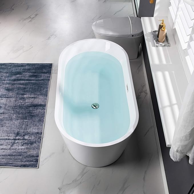 WOODBRIDGE Acrylic Freestanding Bathtub Contemporary Soaking Tub Overflow and Drain, BTA1514-C,White, 59" Chrome
